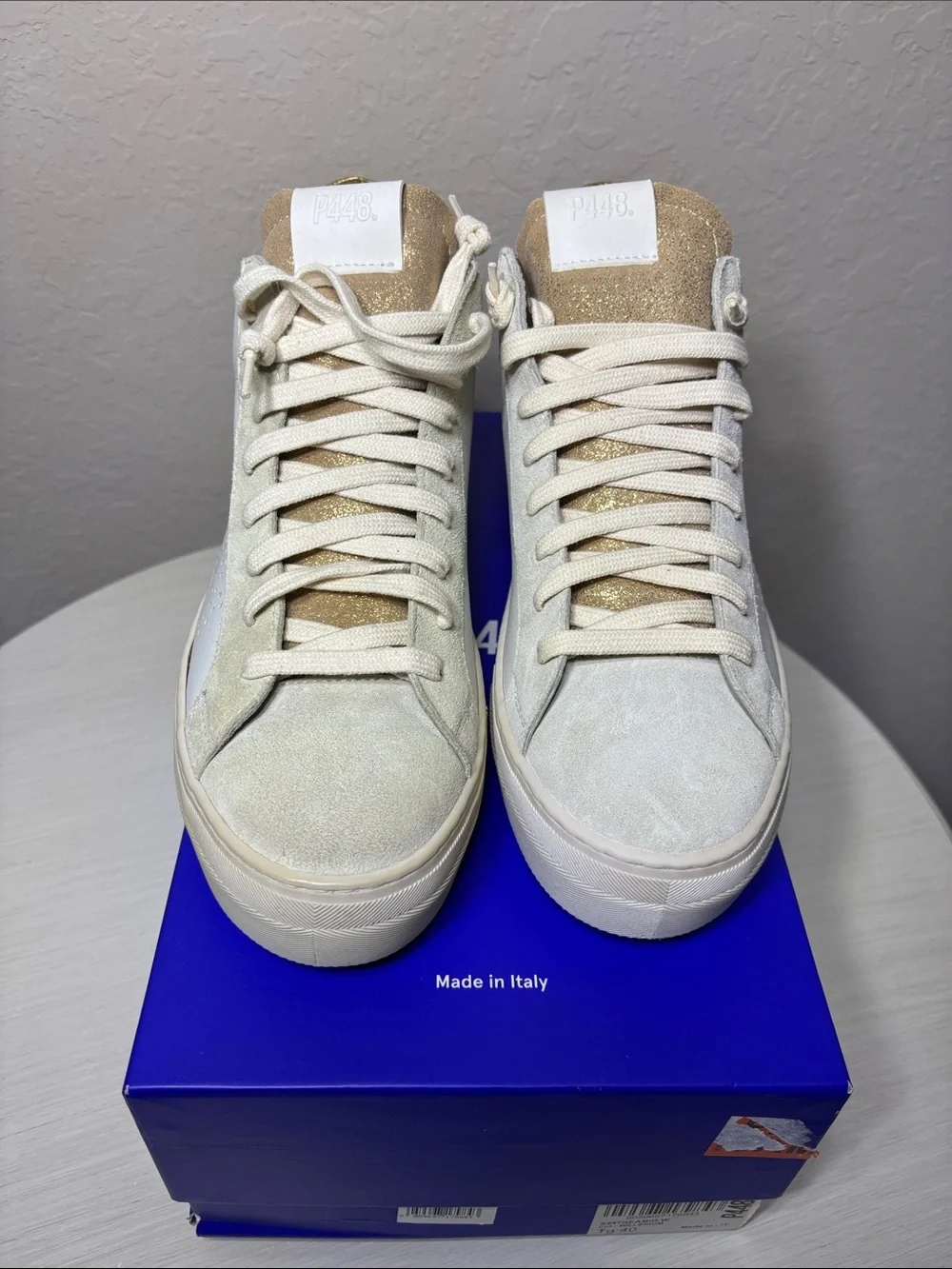 P448 Thea Mid Top Platform Sneakers White Leather Gold Glitter Millenium 40 NIB